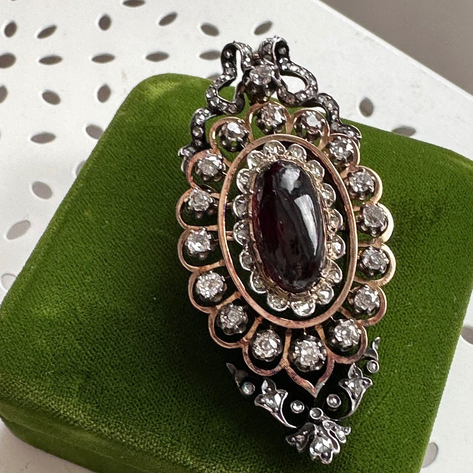 French Victorian Garnet  And Old mine cut Diamond  (3.2 cttw)  Pendant /Brooch