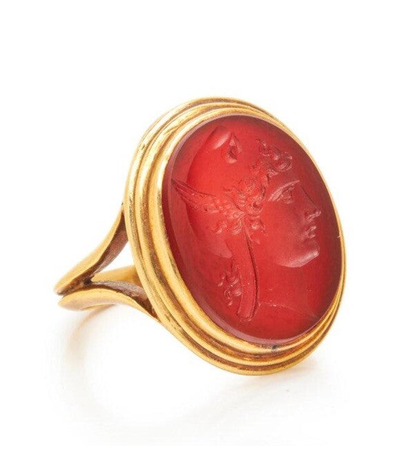 Antique 1900 Carved Carnelian Hardstone Ring 14k Yellow Gold Intaglio  Size 9