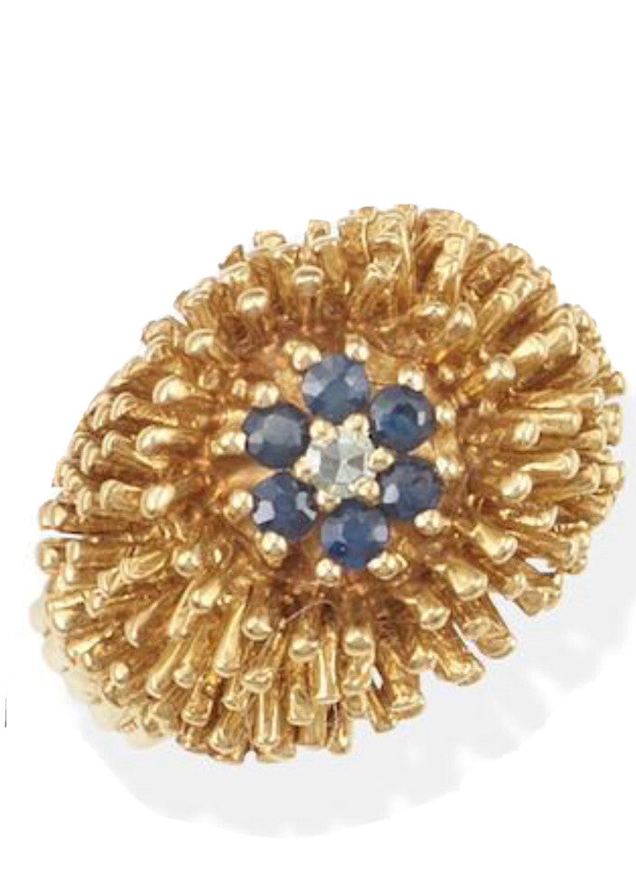 Vintage Sea Urchin Style  14kt Gold And Sapphire Ring And Earrings Set 12.3 G