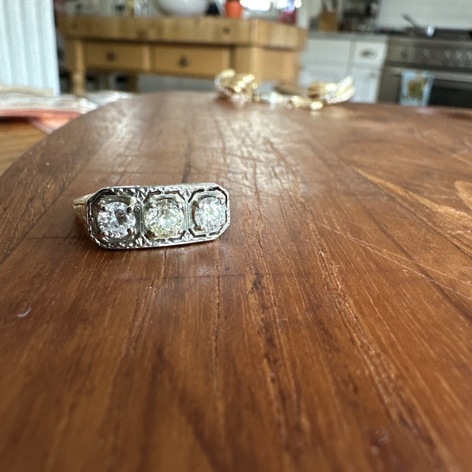 Edwardian 14k/18k 3 stone Old European Cut diamonds setting ring 1.09 Cttw
