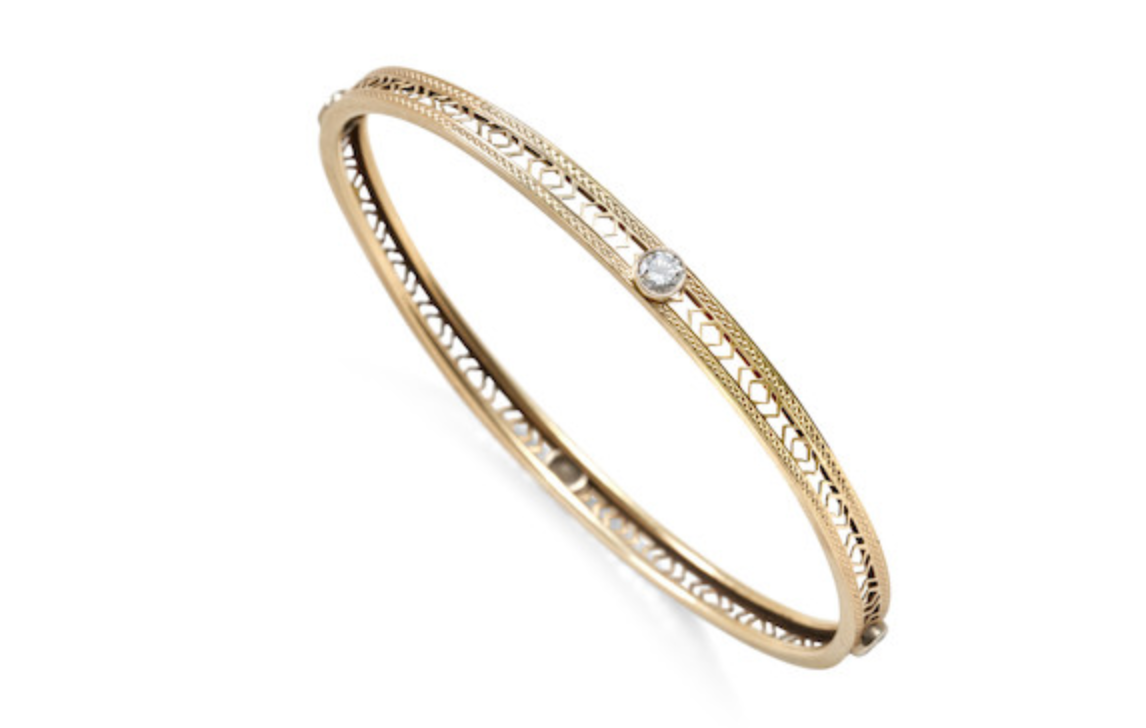 14k Engraved Gold and Diamond Bracelet Circa 1920