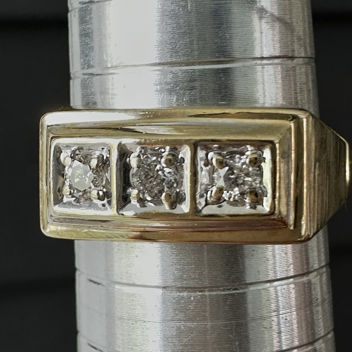 Vintage  14K Yellow  &  Gold  Three Round Diamonds  .80 CTW Ring  Size   9.5