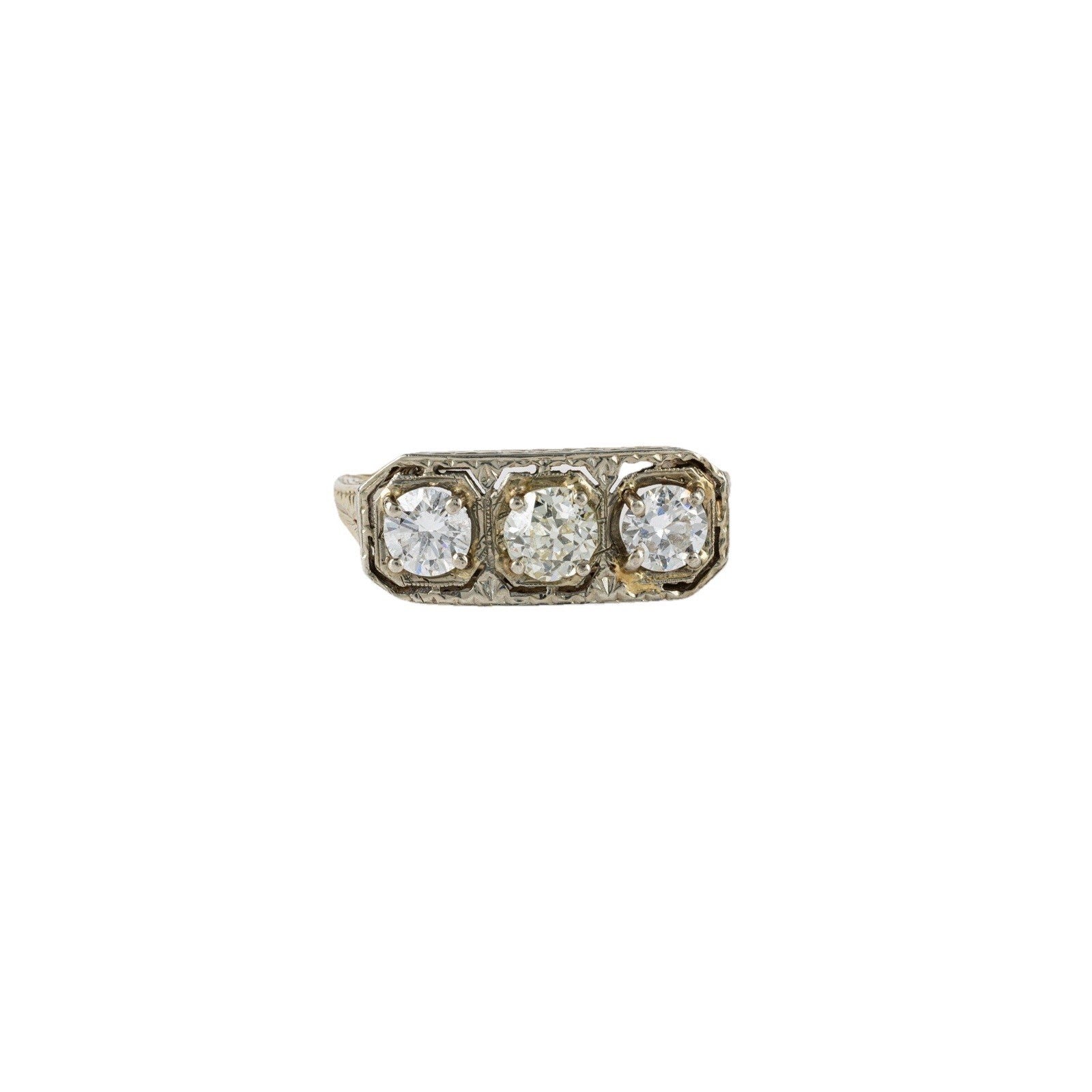 Edwardian 14k/18k 3 stone Old European Cut diamonds setting ring 1.09 Cttw