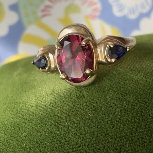 14K Natural Red Tourmaline & Natural Sapphire Ring, Size 6.75