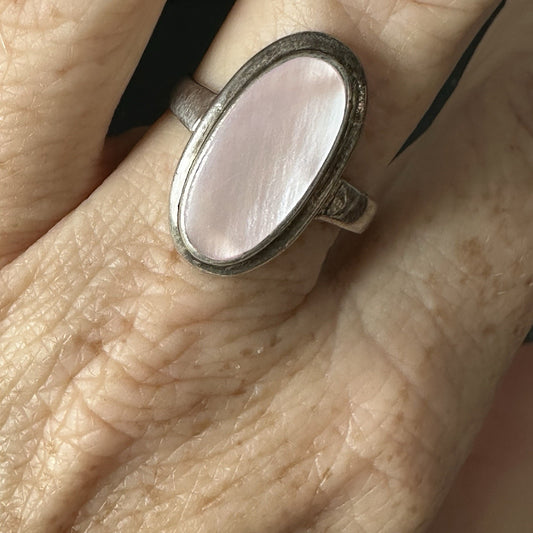 Sterling Silver Cocktail Ring Pink Mother of Pearl Square Size 10.2