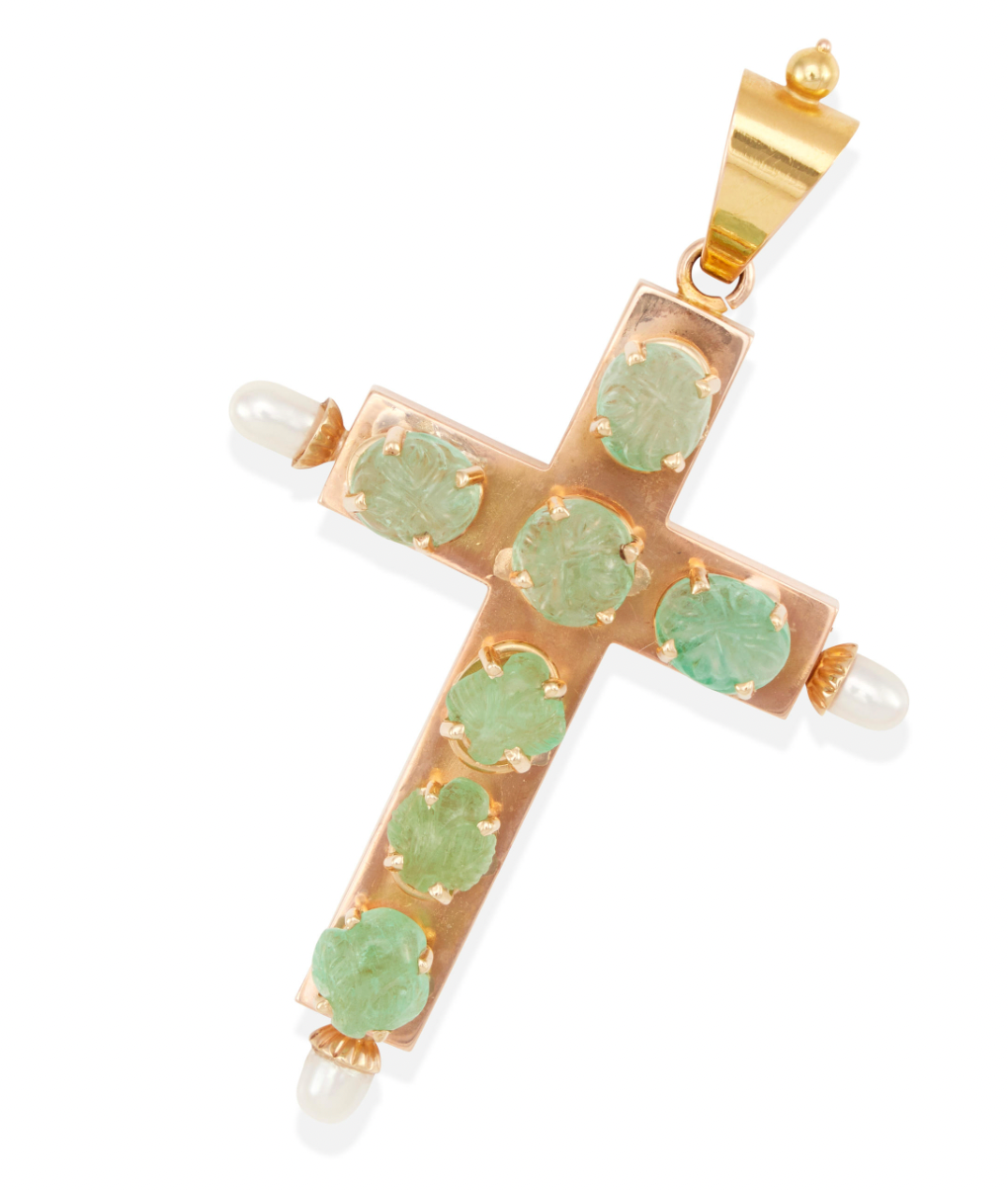 Vintage Italian Yellow 18k Gold Emerald  and Pearl Cross Pendant Good Sized!