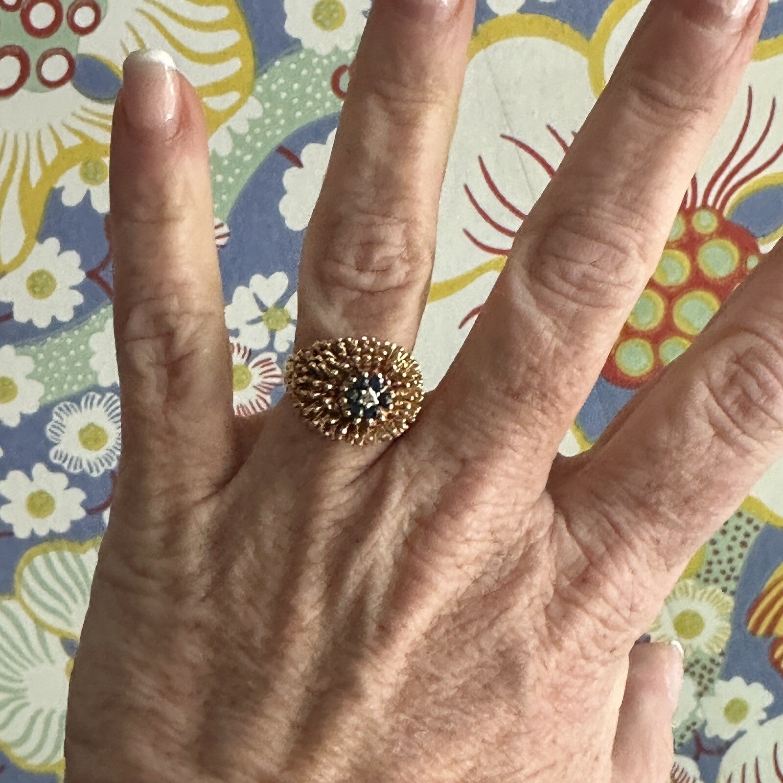 Vintage Sea Urchin Style  14kt Gold And Sapphire Ring And Earrings Set 12.3 G