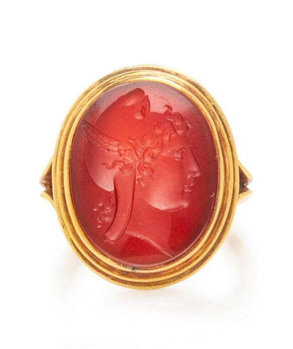 Antique 1900 Carved Carnelian Hardstone Ring 14k Yellow Gold Intaglio  Size 9
