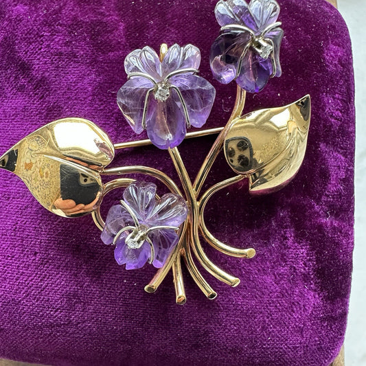 18k Karen Strand Amethyst and Diamond Flower Brooch