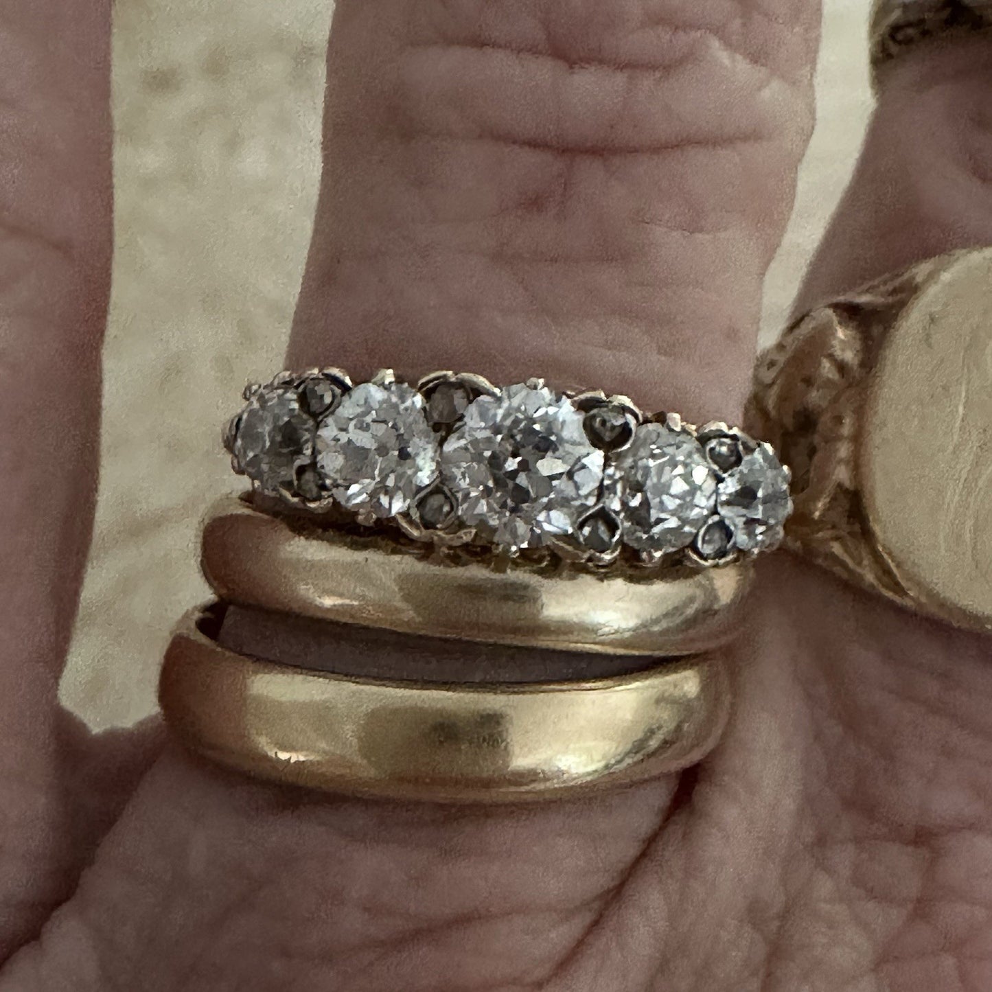 Victorian Old Cushion Cut 1.75 + Cttw  Hoop Ring ( Five Central Diamonds )