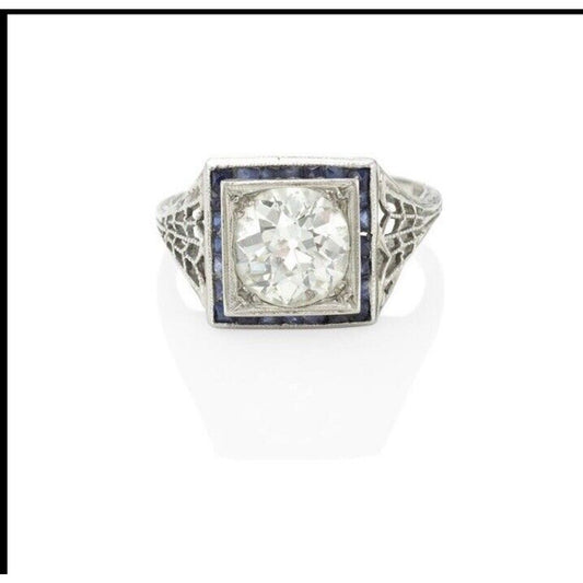 Art Deco 1.82 ct  Old European Cut Diamond & Sapphire Ring GIA
