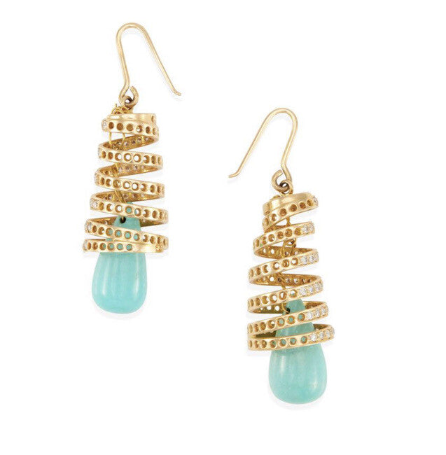 18K Gold , Turquoise And Diamond Dangle Earrings 1.75”