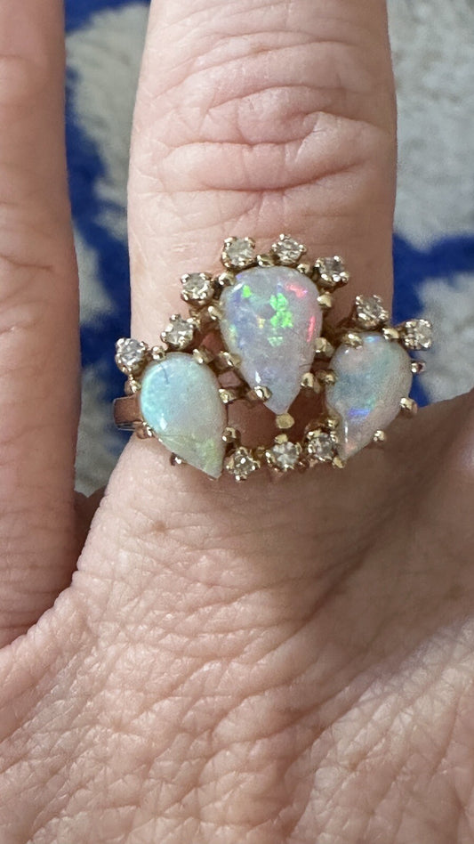 Vintage Three Opals W/Diamond Halo 14k Yellow gold ring