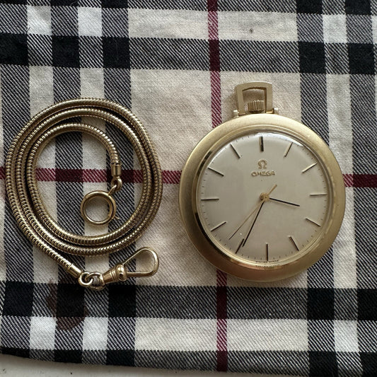 Vintage 1968 14k Omega Pocketwatch and Watch Chain Excellent Condition