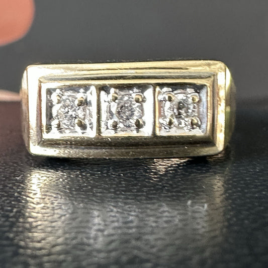 Vintage  14K Yellow  &  Gold  Three Round Diamonds  .80 CTW Ring  Size   9.5