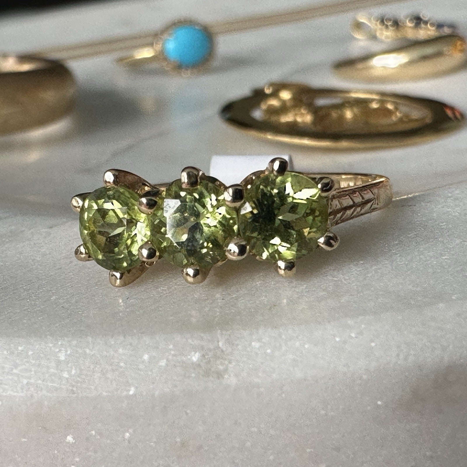 10k Yellow Gold Peridot-1.76 tcw  3 Stone Band Fine Ring-Sz 8.25