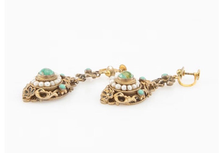 Antique Turquoise And Seed Pearl  Gilded Silver Dangle  Earrings