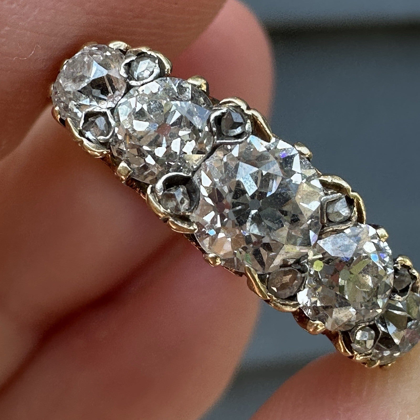 Victorian Old Cushion Cut 1.75 + Cttw  Hoop Ring ( Five Central Diamonds )