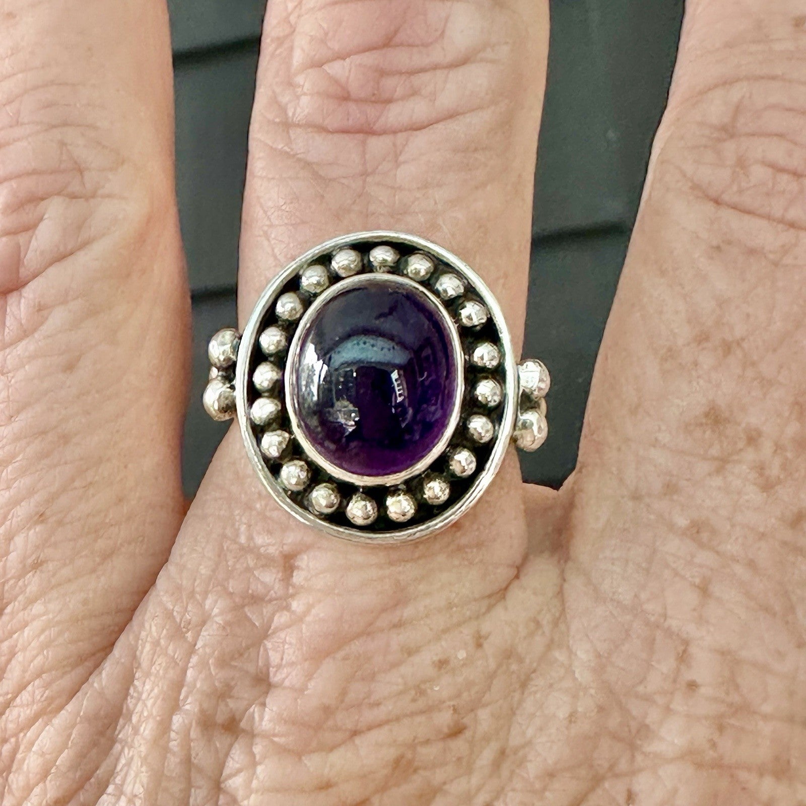 Sterling Silver 925 Deep Purple Amethyst Cabochon Ring Size 9