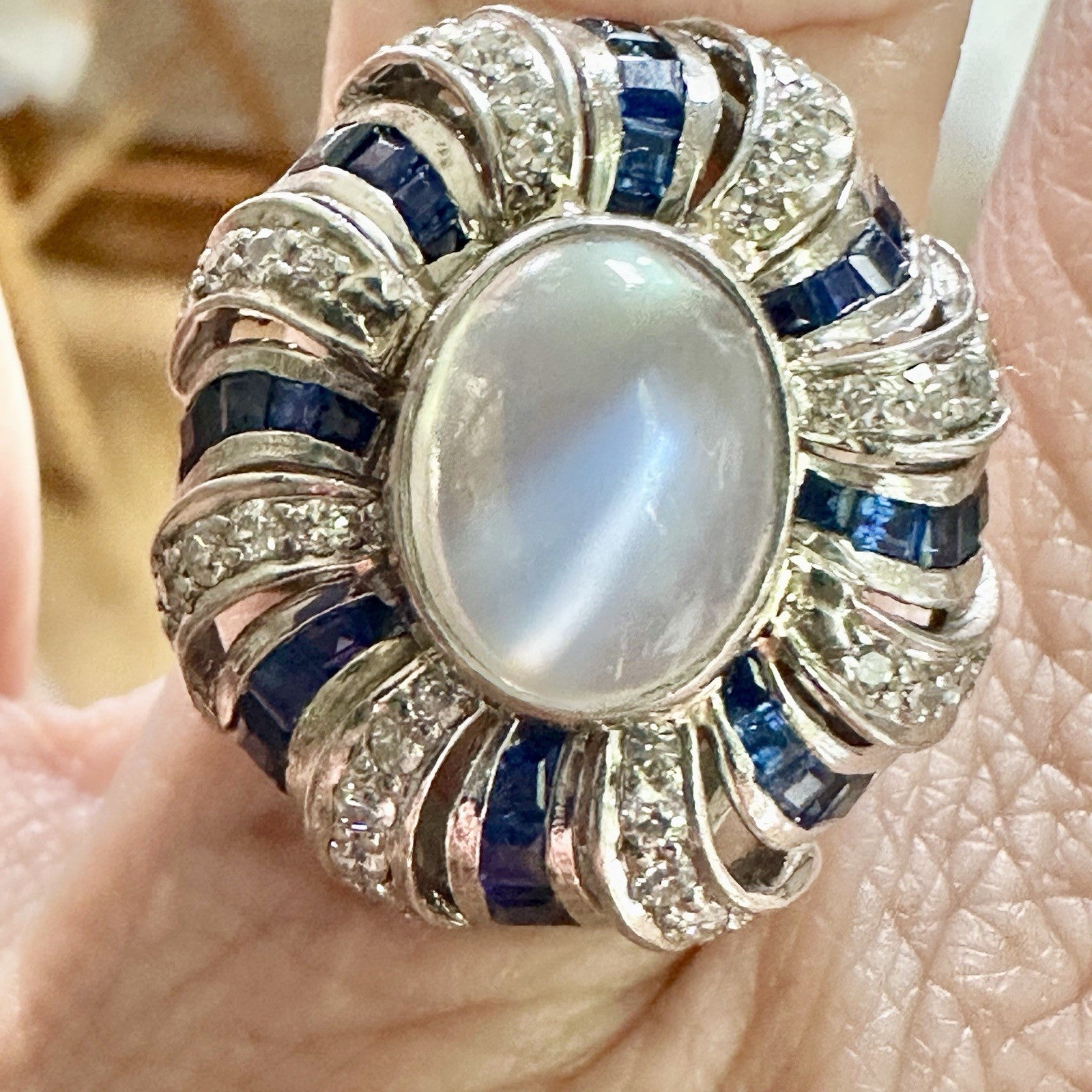 Art Deco Platnium Moonstone Diamond And Sapphire Ring 