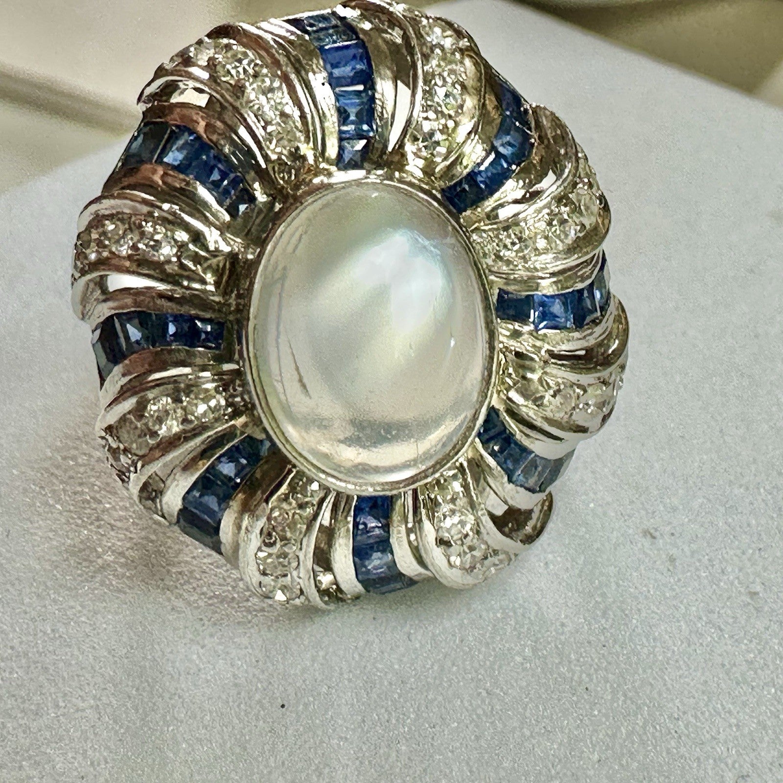 Art Deco Platnium Moonstone Diamond And Sapphire Ring 