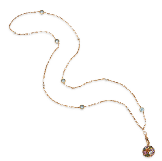 Antique 14K Aquamarine & Pearl Trombone Station Watchchain w multi gemstone fob