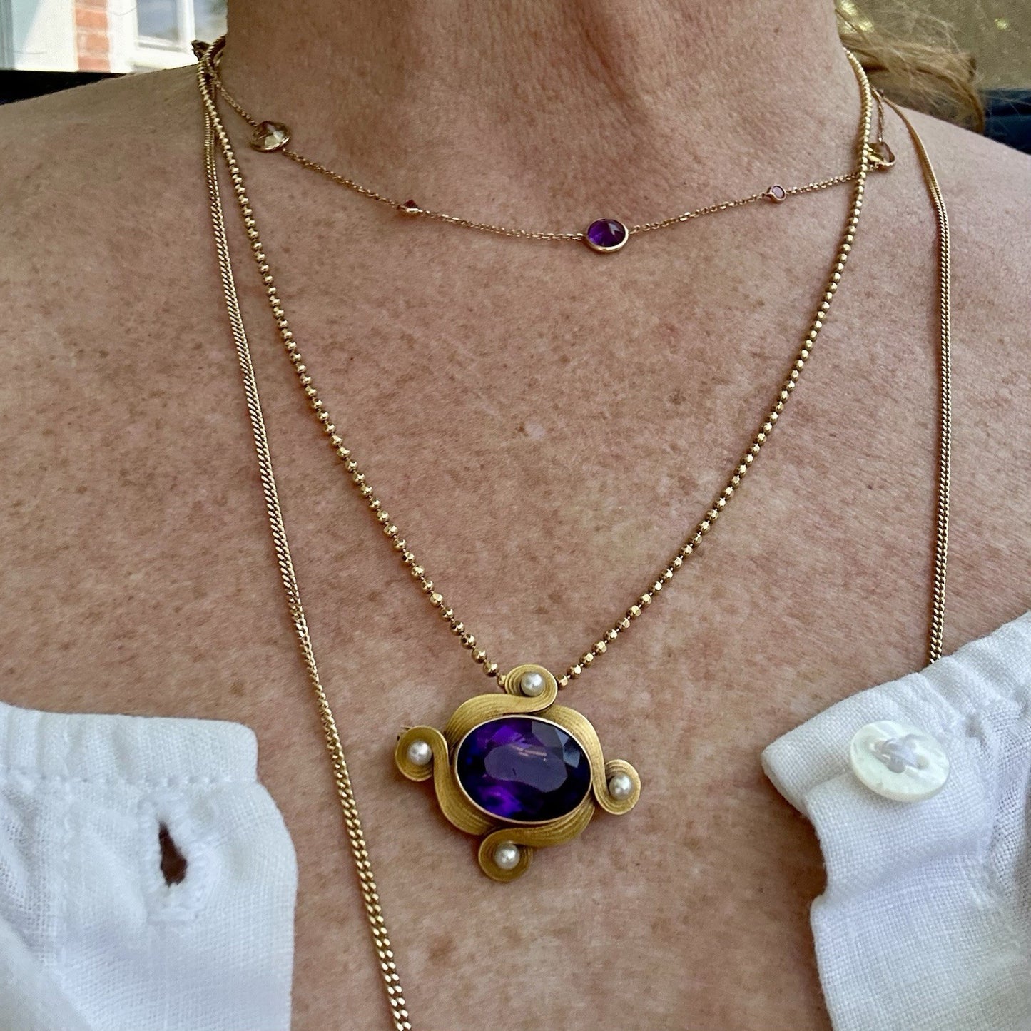Whiteside and Blank 14k Gold Amethyst Ans Pearl Brooch Art Nouveau