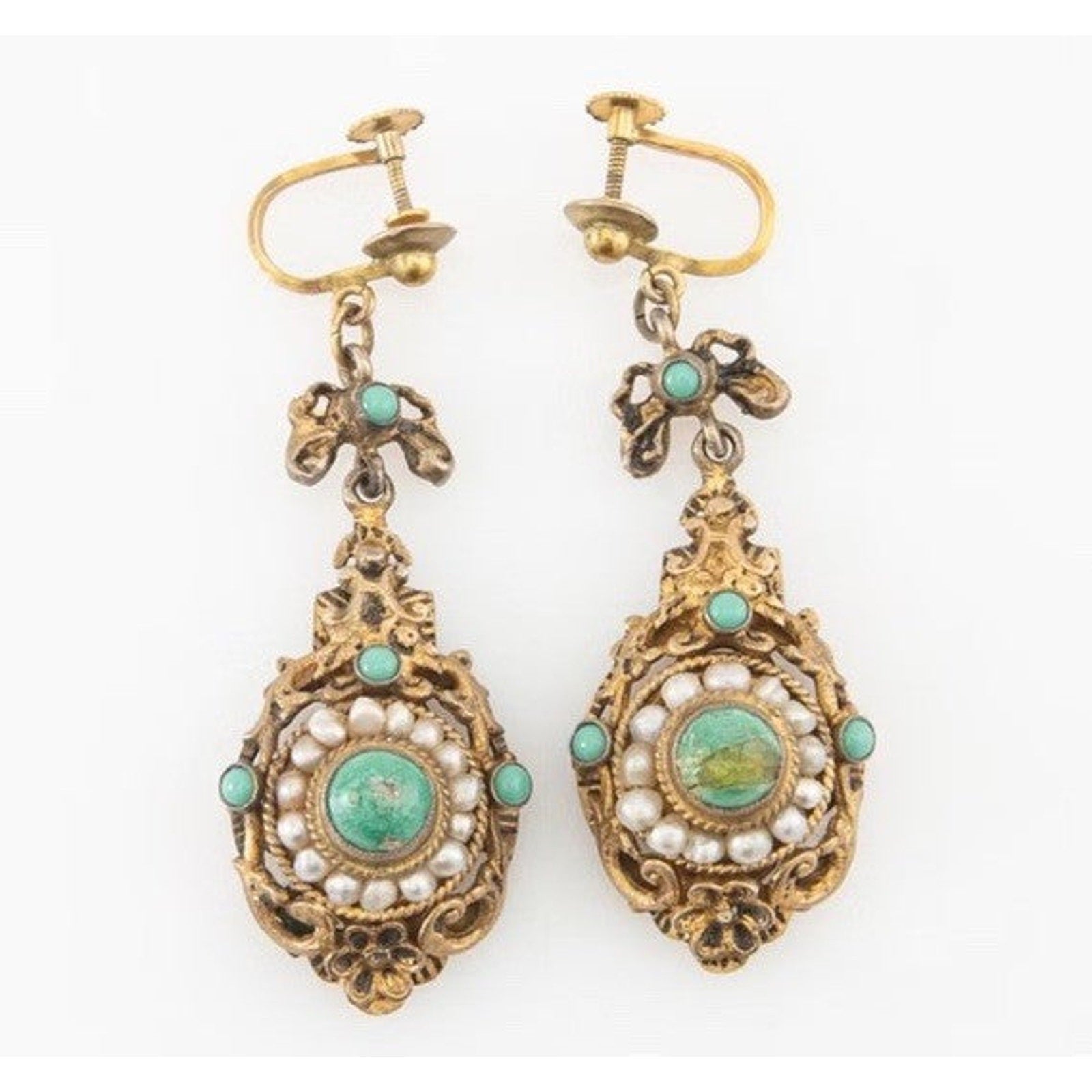 Antique Turquoise And Seed Pearl  Gilded Silver Dangle  Earrings