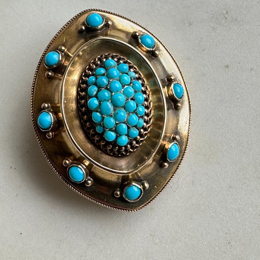 Victorian 14k gold & Turquoise Locket Brooch with back compartment