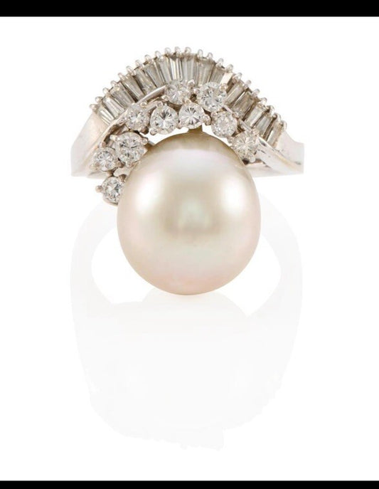 14k White Gold Pearl Diamond Ring South Seas Pearl 12mm Engagement Cocktail Vtg