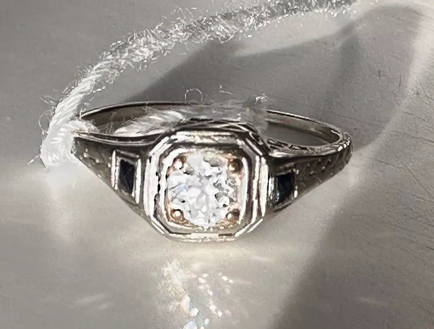 Antique 14K Gold .45ct Old European Cut Diamond & Lab Sapphire Art Deco Ring