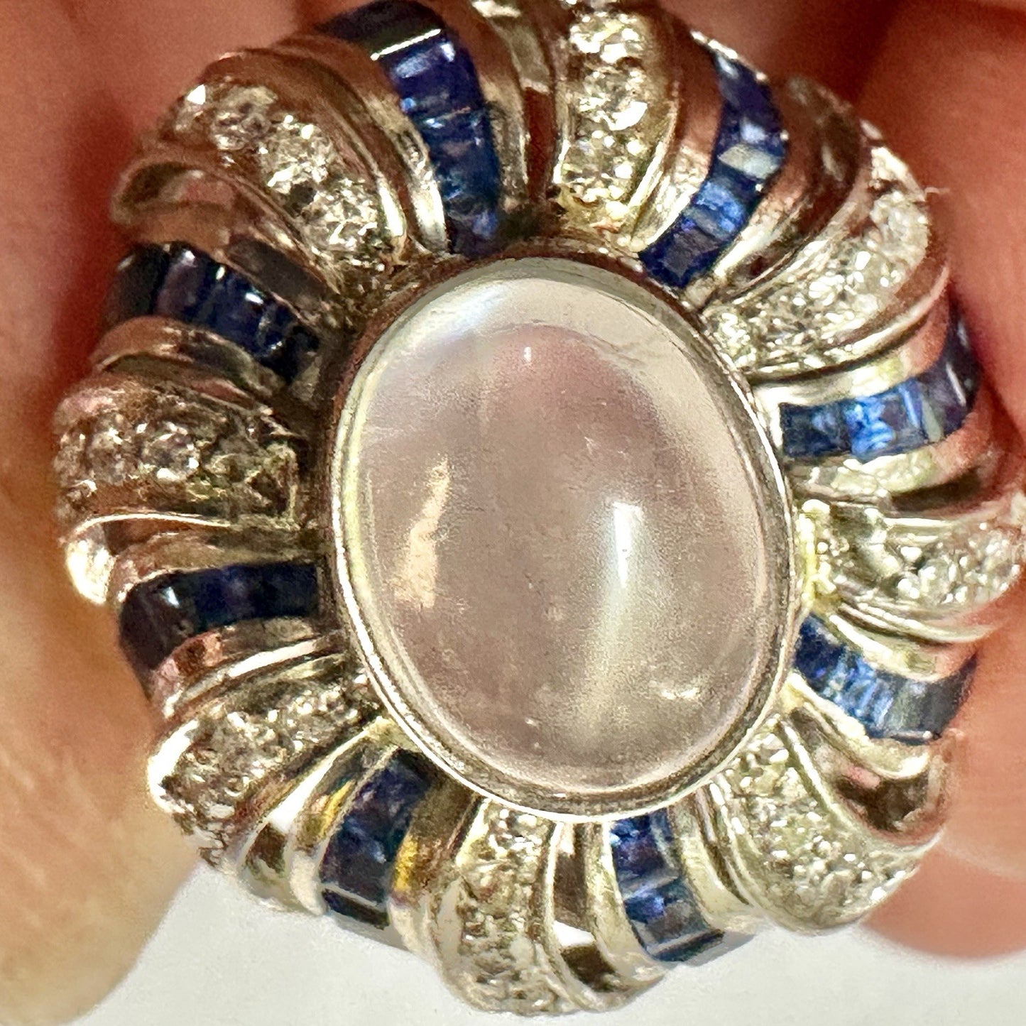 Art Deco Platnium Moonstone Diamond And Sapphire Ring 