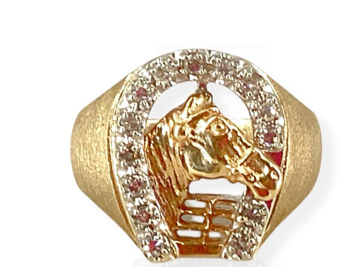 Heavy 10k Gold Horseshoe Ring W/Horse Motif And Diamond Accents - Well-Made Piec