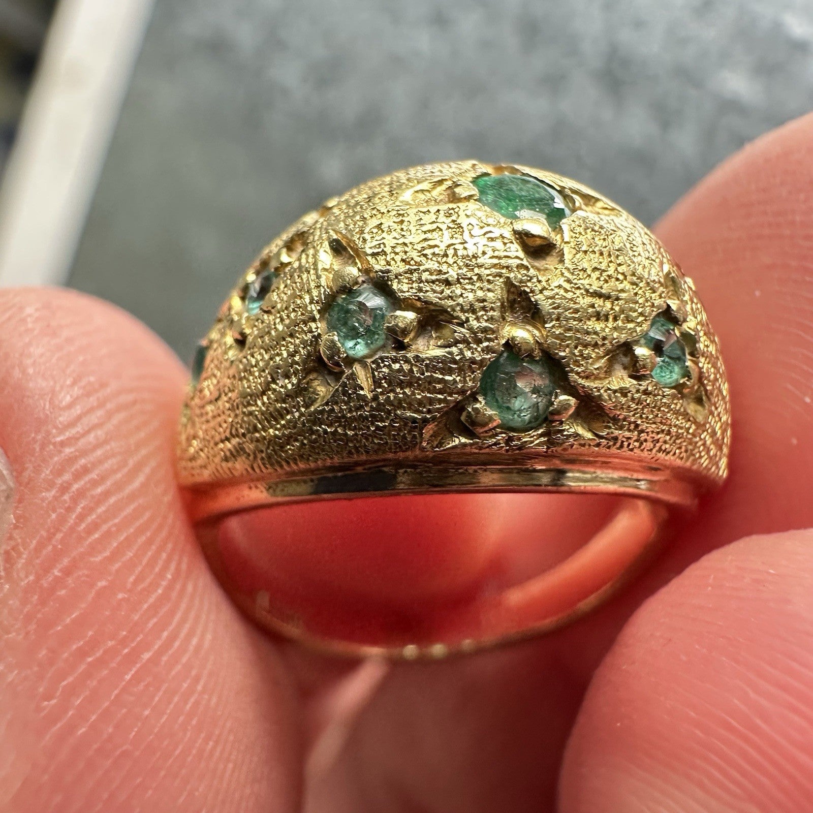 Vintage French Star Burst 18k Emerald Dome Ring Size 4.75 - 5.23g