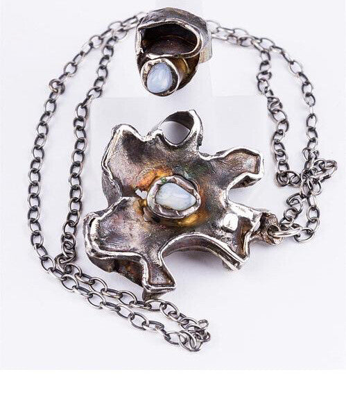 Brutalist Mid Century Necklace And Ring  By Jens Peter Gudjonsson -Chalcedony