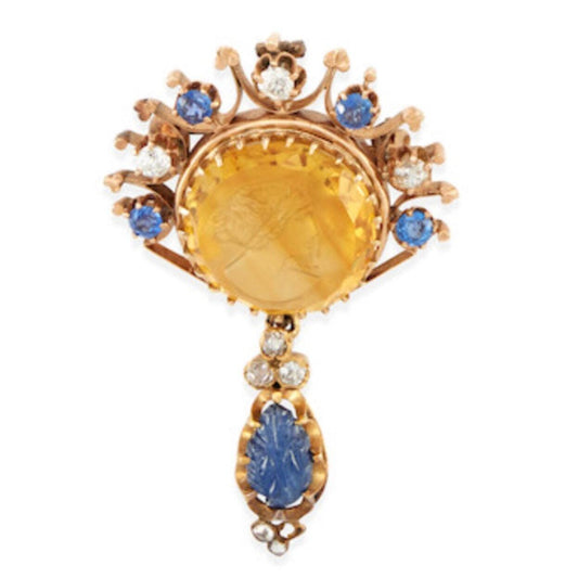 Late 19th century Intaglio Citrine, Sapphire Diamond Pendant Brooch