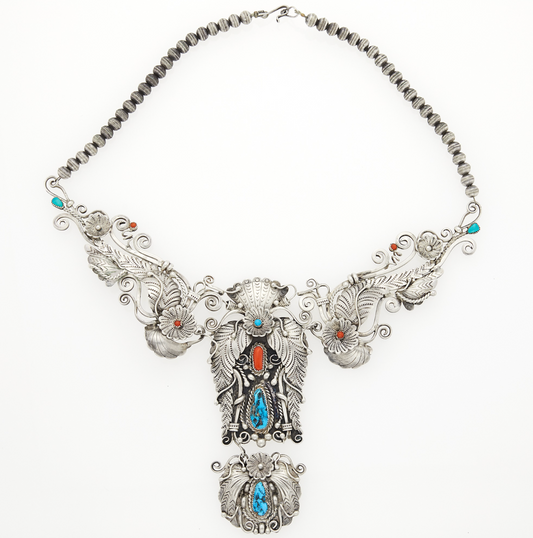 Sam Begay Native American Navajo Silver, Turquoise and Coral Pendant-Necklace