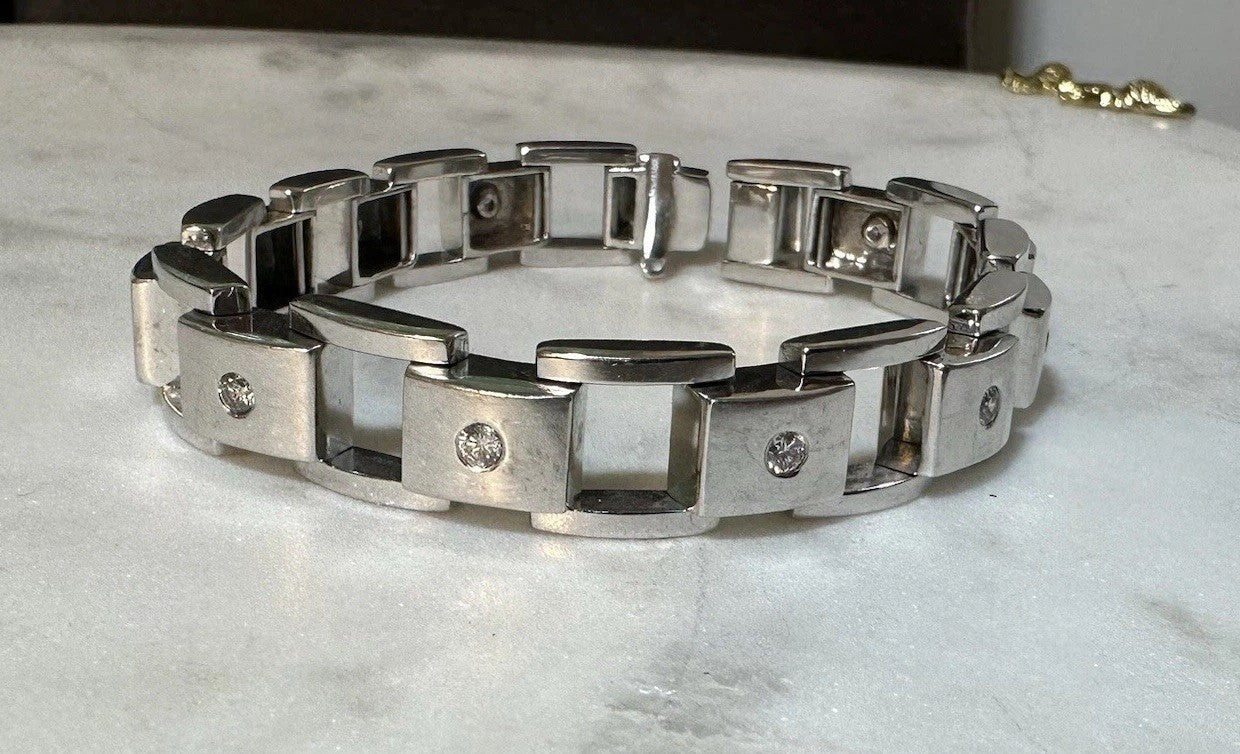 Vintage 8 inch 14 K white gold diamond tank bracelet