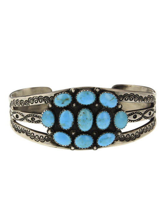Vintage Rare Navajo Signed Fred Harvey Turquoise Silver Cuff