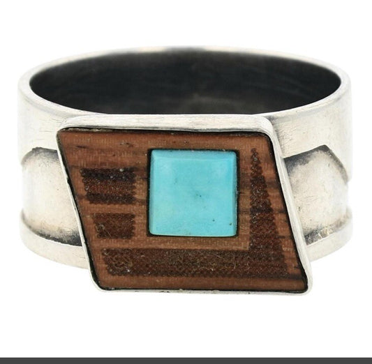 Navajo Turquoise & Petrified Wood Inlay Contemporary Ring