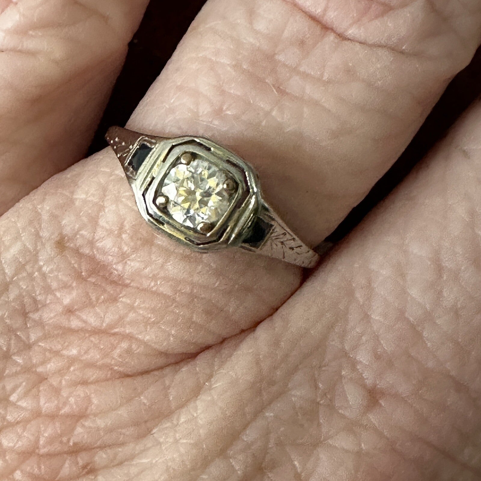 Antique 14K Gold .45ct Old European Cut Diamond & Lab Sapphire Art Deco Ring