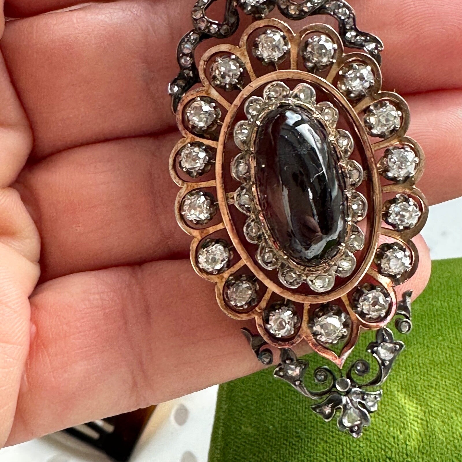 French Victorian Garnet  And Old mine cut Diamond  (3.2 cttw)  Pendant /Brooch