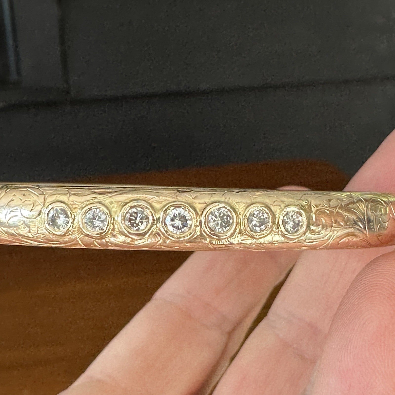 Antique 1890s 14k Etched Old Cut Diamond Bangle 