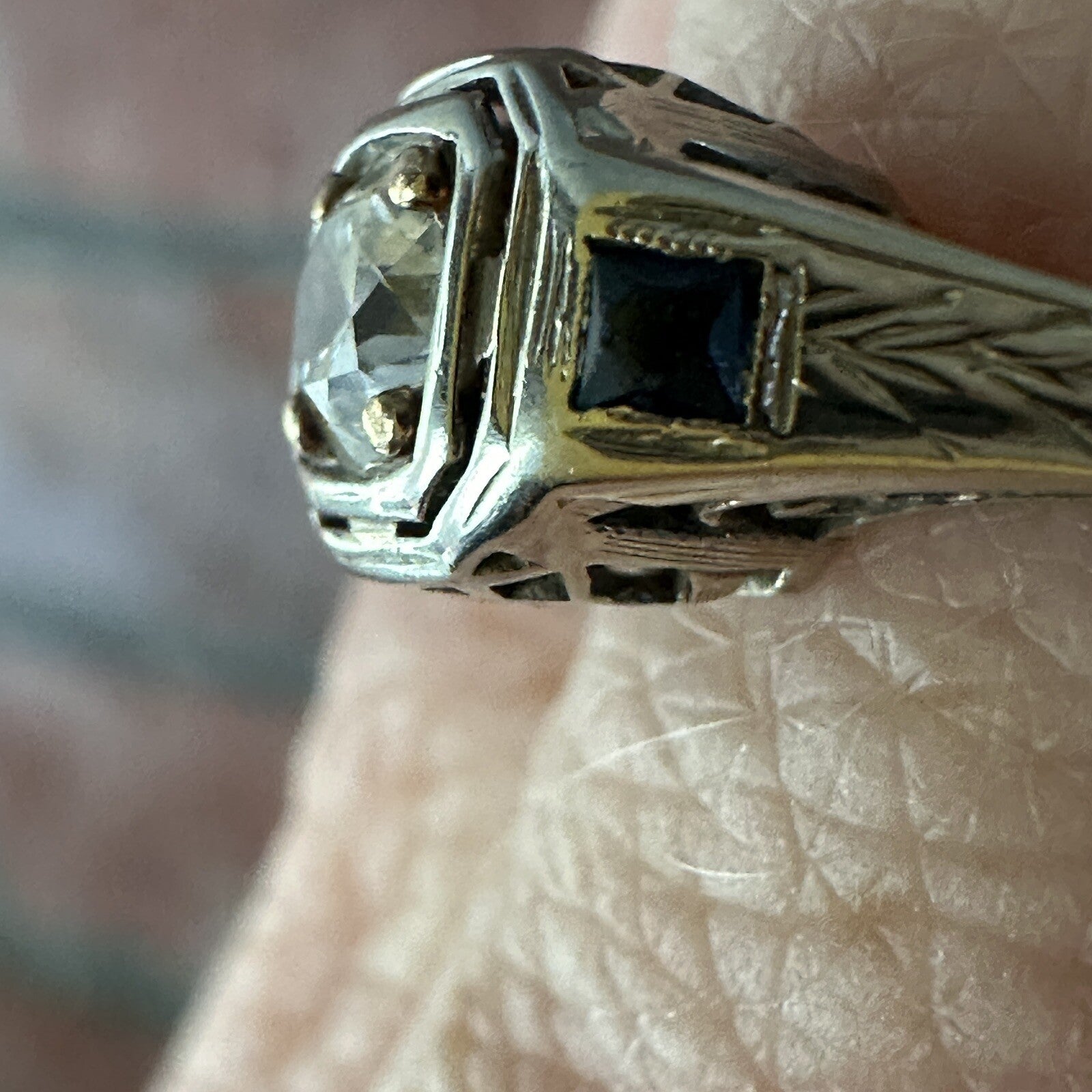 Antique 14K Gold .45ct Old European Cut Diamond & Lab Sapphire Art Deco Ring