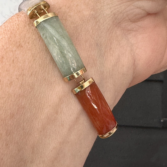 Multi-Color Jade and 14K Yellow Gold Link Bracelet