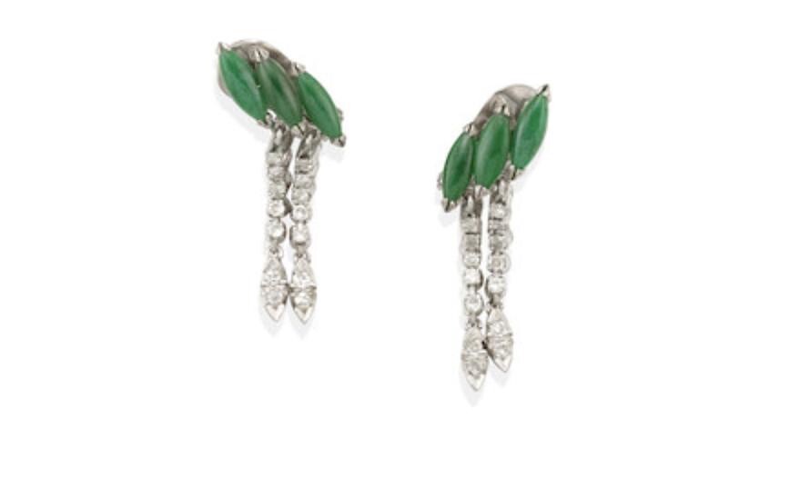 GORGEOUS WHITE GOLD 14k, JADE & DIAMOND DANGLING  EAR CLIP SET