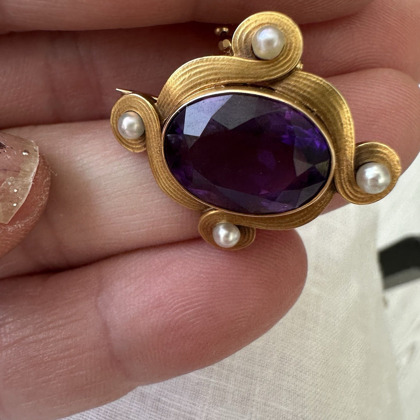 Whiteside and Blank 14k Gold Amethyst Ans Pearl Brooch Art Nouveau