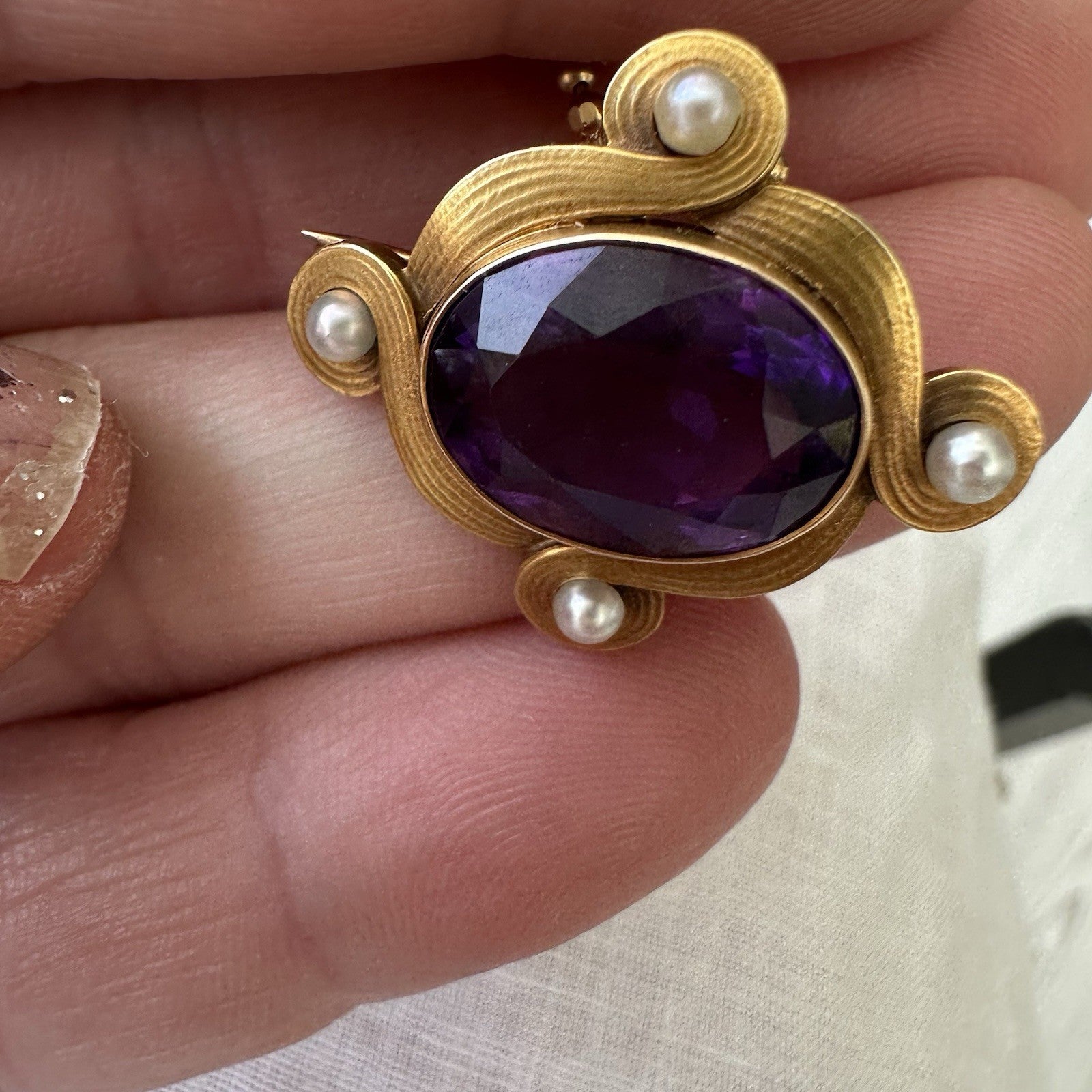 Whiteside and Blank 14k Gold Amethyst Ans Pearl Brooch Art Nouveau
