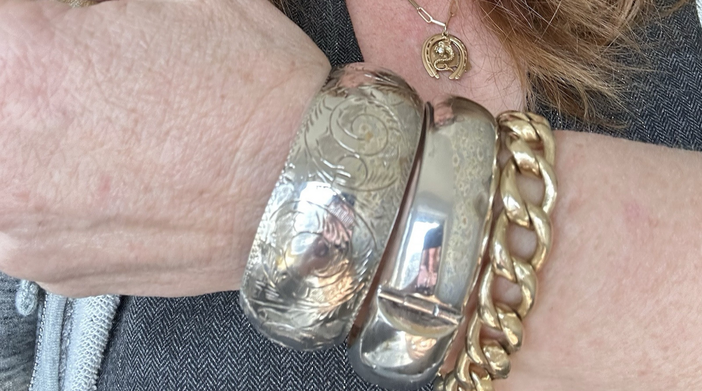 Antique Victorian Sterling Silver Engraved Scroll Wide Bangle Bracelet 58.8g