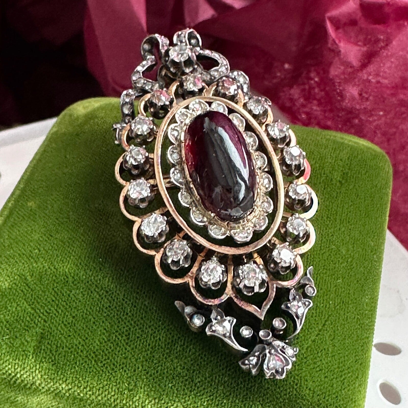 French Victorian Garnet  And Old mine cut Diamond  (3.2 cttw)  Pendant /Brooch